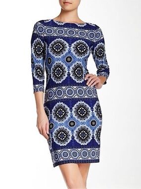 London Times Mod Style Blue Sheath Long Sleeve Midi Dress Size 6